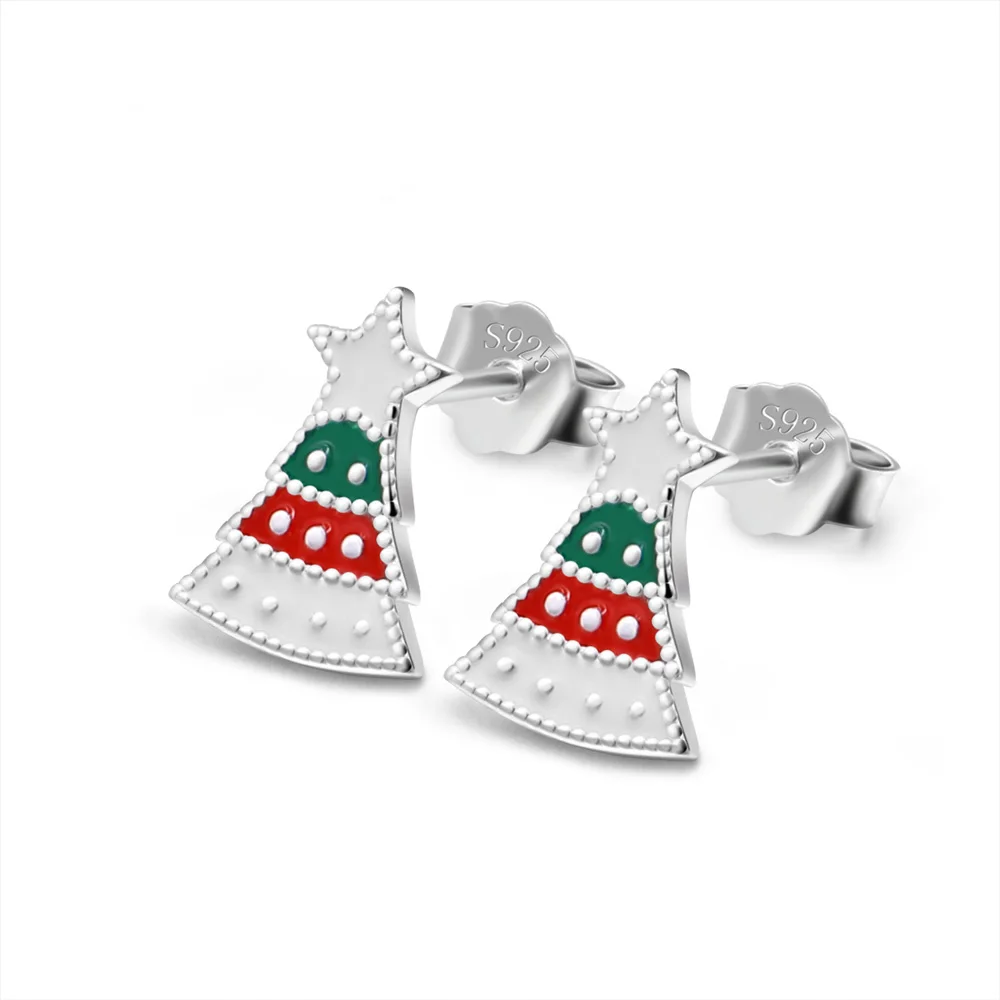 

925 Sterling Sliver Coloured Enamel Christmas Tree Stud Earrings for Women Teen Girls Piercing Earrings Jewelry Christmas Gifts