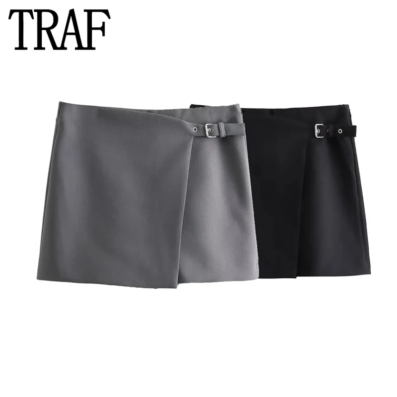 

TRAF 2024 Asymmetric Women's Skort Grey Black Mini Skirt Shorts Women Wrap High Waist Skirt Woman Fashion Elegant Short Skirts