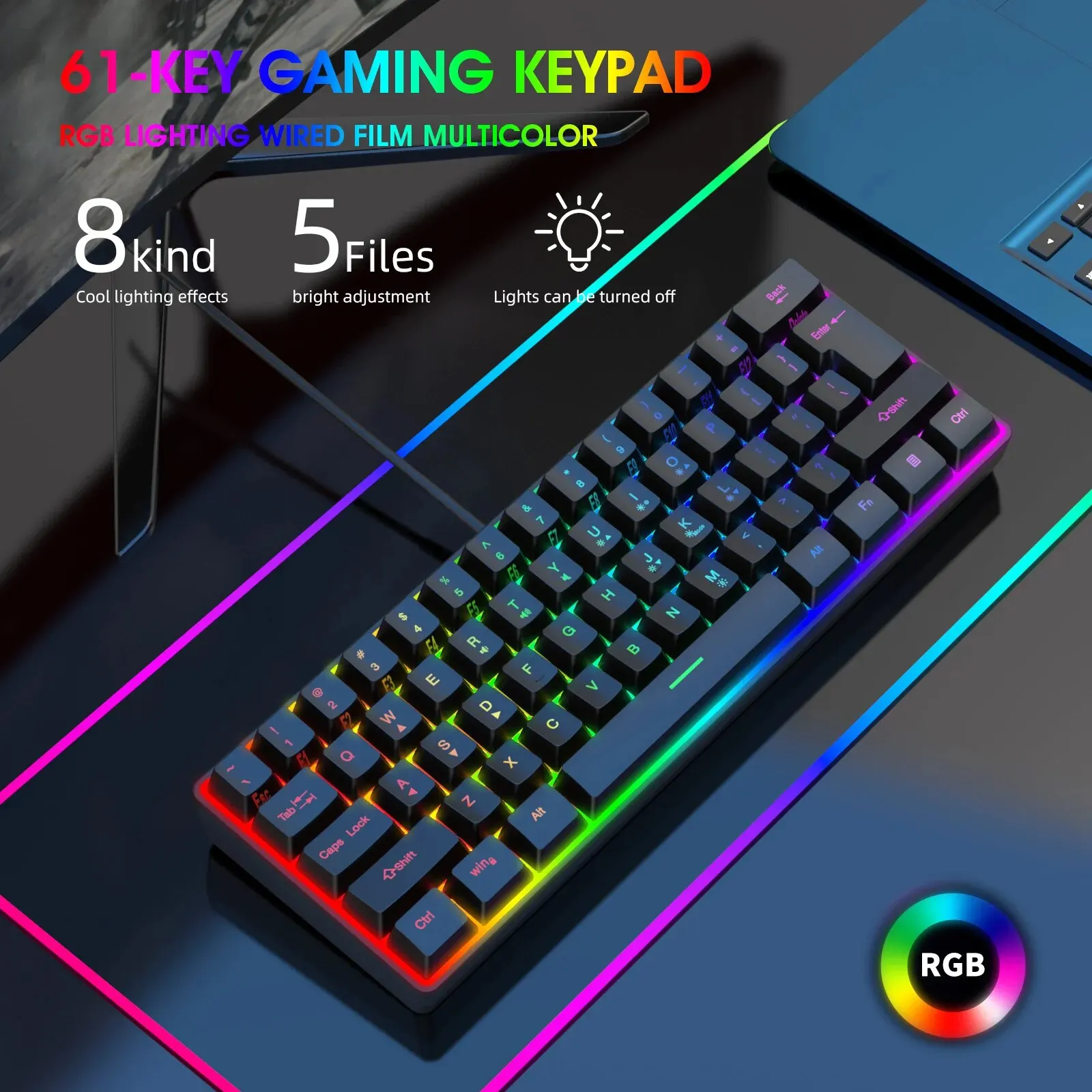 

2024 Mini K401 Wired Film Keyboard 61 Keys RGB Lights Type-c USB Backlit Ergonomic Keyboard For PC Gaming Laptop