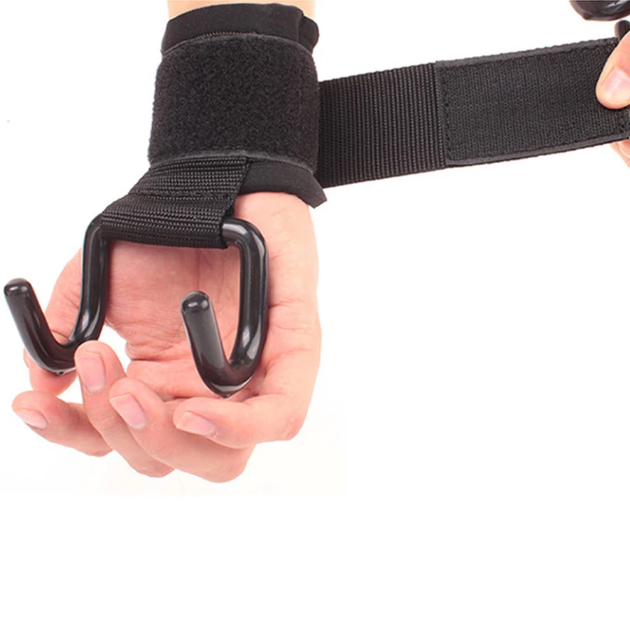 2Pc Adjustable Strong Steel Hook Grips Straps Weight Lifting Strength Training Gym Fitness Black Wrist Support Lift Hooks