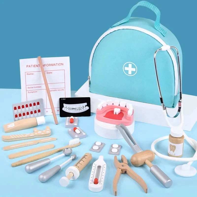 Wooden Pretend Play Doctor Educational Toys for Children Simulation Dentist Check Brush Teeth Medicine Set Role Playing Games 6