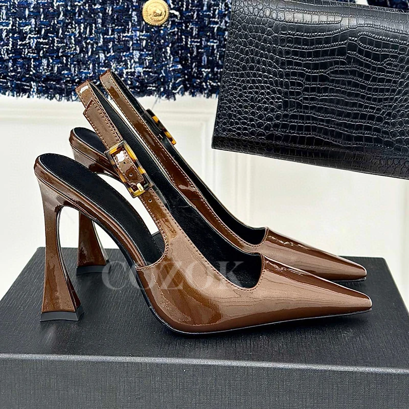 

2024 New High Heel Sandals Female Summer Patent Leather Upper Pointed Toe Ladies Pumps Appear Whitening Walk Show Sandals