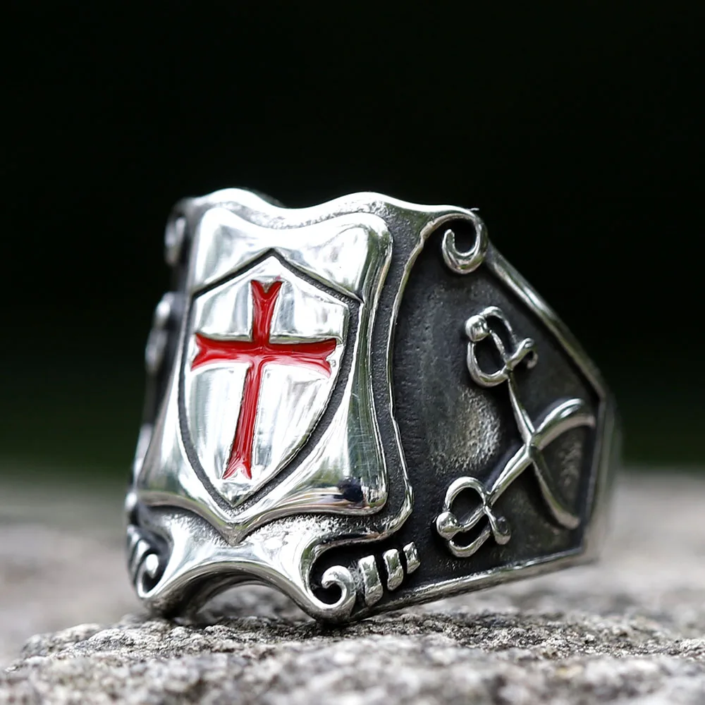 Men's Cubic Zirconia Cross Shield Ring - 316L Stainless Steel, Silver/Black, Sizes 8-15
