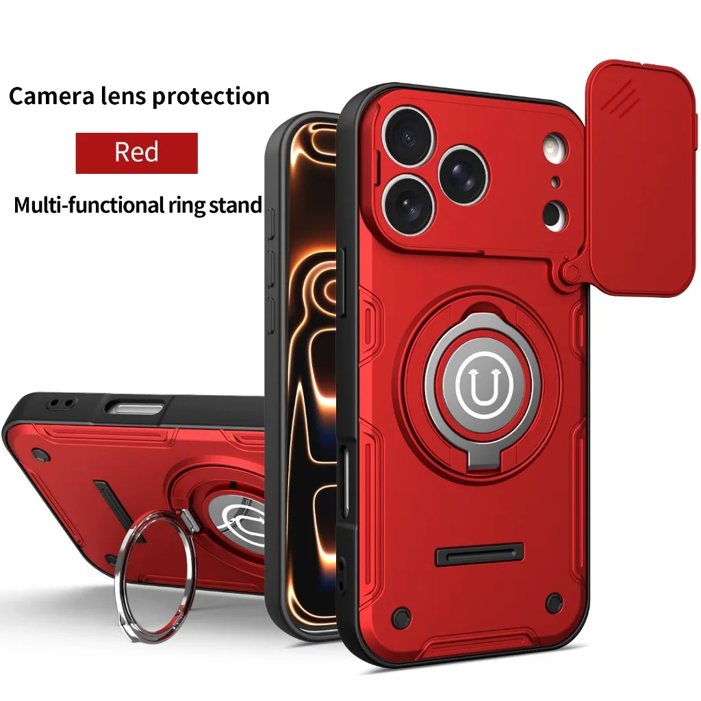 Magnetic 360° Ring Kickstand Shockproof Phone Case with Slide Camera Cover and Car Mount Holder
