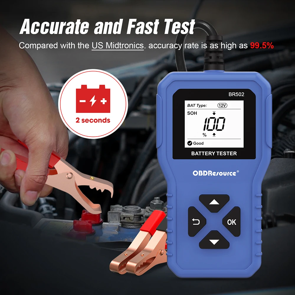 OBDResource Car Battery Tester 6V 12V 24V BR502 OBD2 Battery System Detect Auto Battery Analyzer Tool 100-2000 CCA 2Ah-220Ah 4