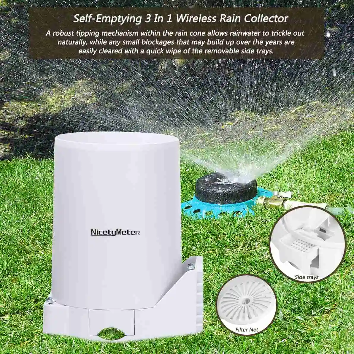 Geevon Medidor de lluvia inalámbrico, colector de lluvia 5 en 1 con vaciado  automático para monitoreo de lluvia y temperatura y humedad