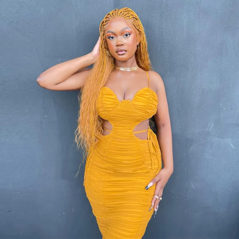 

Big promotion spring and summer new sexy low-cut strap dress, empty waist pleated hip dress, sexy dress