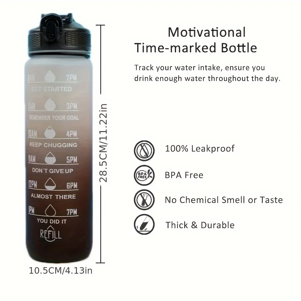 1L Gradient Color Motivational Sports Water Bottle with Time Marker Water Bottle with Straw for Office Exercise Gym Outdoor