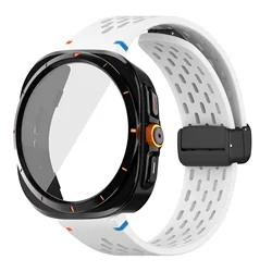 Silicone Magnetic Buckle Band with Tempered Glass Screen Protector and Case Strap - Galaxy Watch 6 40mm (White Black)