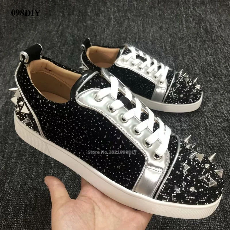

Black Leather Rivet Round Toe Men Lace Up Flats Casual Shoes Low Top Sneakers Bottom Zapatillas Hombre Plus Size 35-47