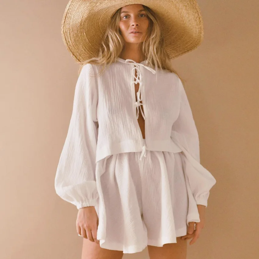 

Женская пижама NHKDSASA, хлопковые пикантные белые пижамные комплекты с рукавами-фонариками и завышенной талией, новинка, подходящие комплекты, домашняя одежда с разрезом, 2023