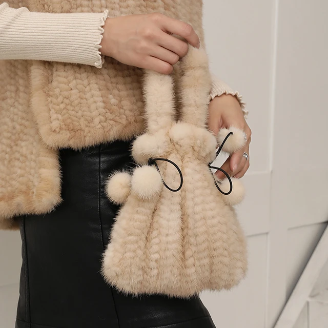 Mink Fur Bag Women Handheld Small Bag Single Shoulder Bags Natural Soft  Messenger Bag Large Clutch Purse Handbag Fluffy Fur Bag