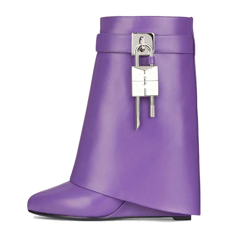 Women Boots Round Toe Slope Heel Big Barrel Winter shoes New Leather Large Size Locking Skirt Boots Cowhide Knee Length Boots