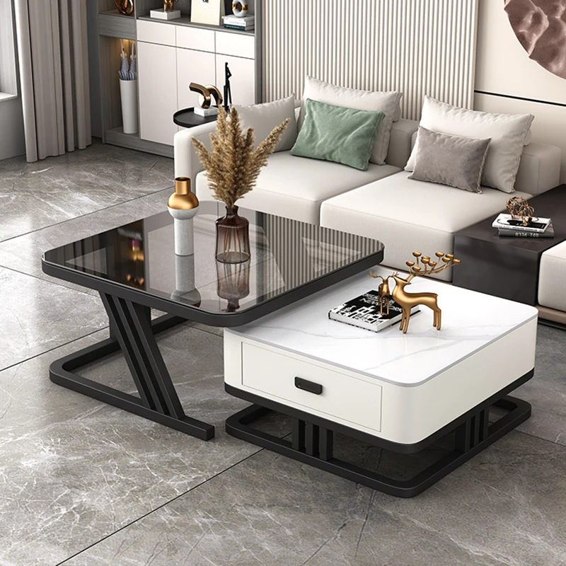 

Square Rock Tea Table Panel Cabinet Combination Living Room Table Household Light Luxury Tavolo Salotto Telescopic Furniture