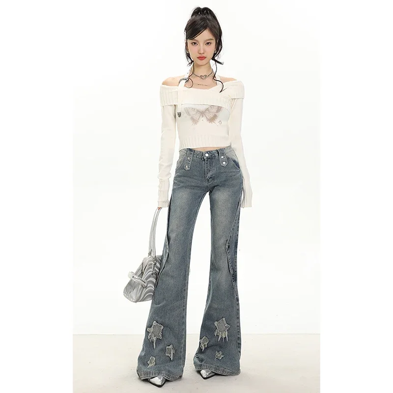 Blue Women Jeans High Street Vintage Straight Pants Streetwear Y2K Embroidery HarajukuFashion Female Wide Leg Denim Trouser