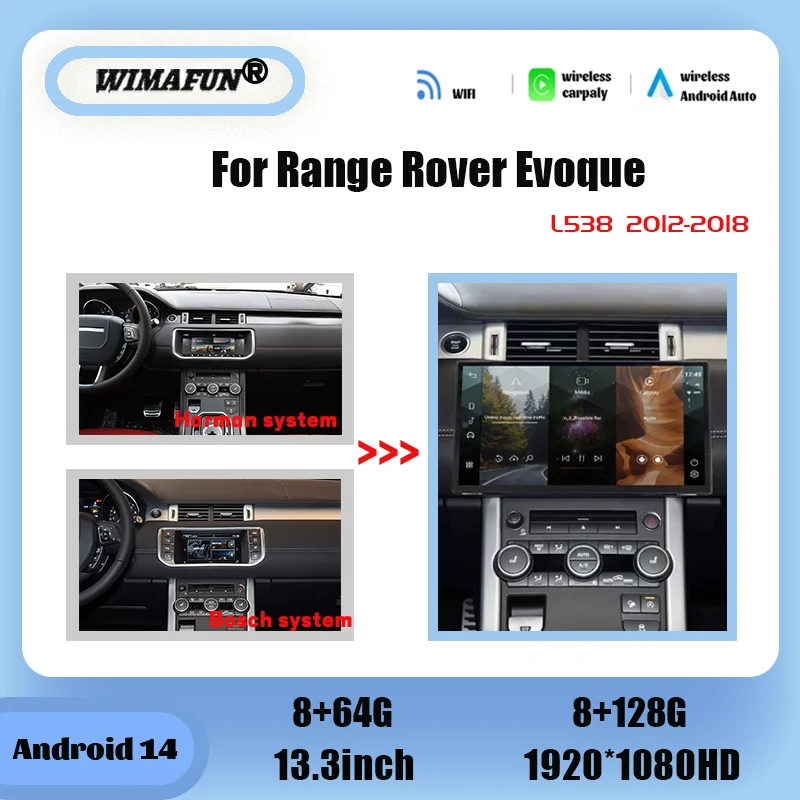 Schermo HD da 13,3 Pollici Android 14 per Range Rover Evoque L538 2012-2018, Navigazione GPS, Radio, Lettore Multimediale, Carplay, Menu OEM - Image 5