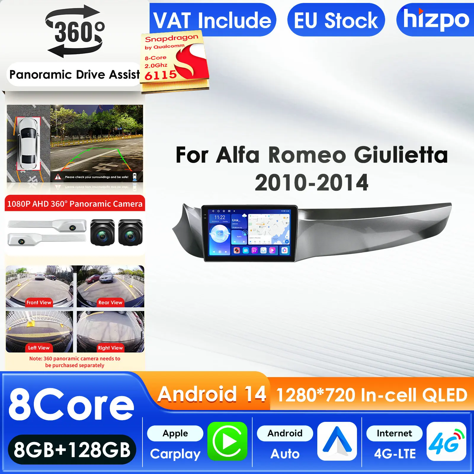 Hizpo 2 Din Android 14 Auto-Multimedia-Player für Alfa Romeo Giulietta 2010–2014 Furgonato Carplay 4G Wifi 360 Kamera Autoradio
