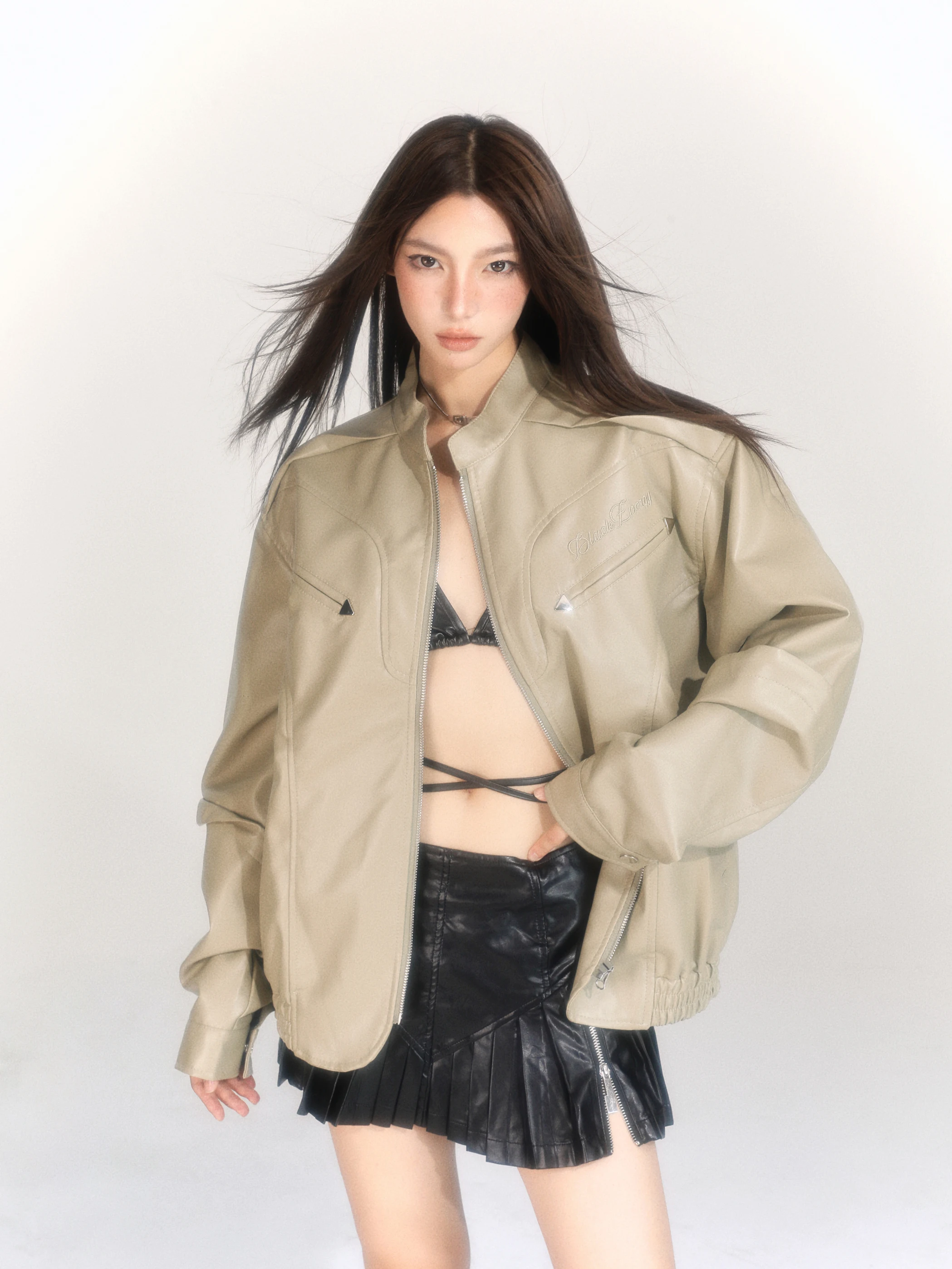 Leather Coat Women's Spring and Autumn American Retro Jacket Stand Collar Top Short Khaki Slim Fit Fashion All-Match Casual 1Pc