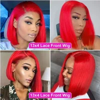 Perruque Bob Courte Rouge 13x4 Lace Frontale, Cheveux Humains Raides, Perruques Courtes Brésiliennes Colorées pour Femmes Noires 4