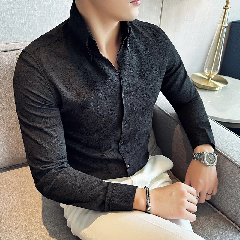 V넥 루즈 세트 칼라 캐주얼 긴팔 셔츠, 부티크 폭발 트렌드, 빅 프린트 패션, 슬림 비즈니스 남성, 시니어 감각