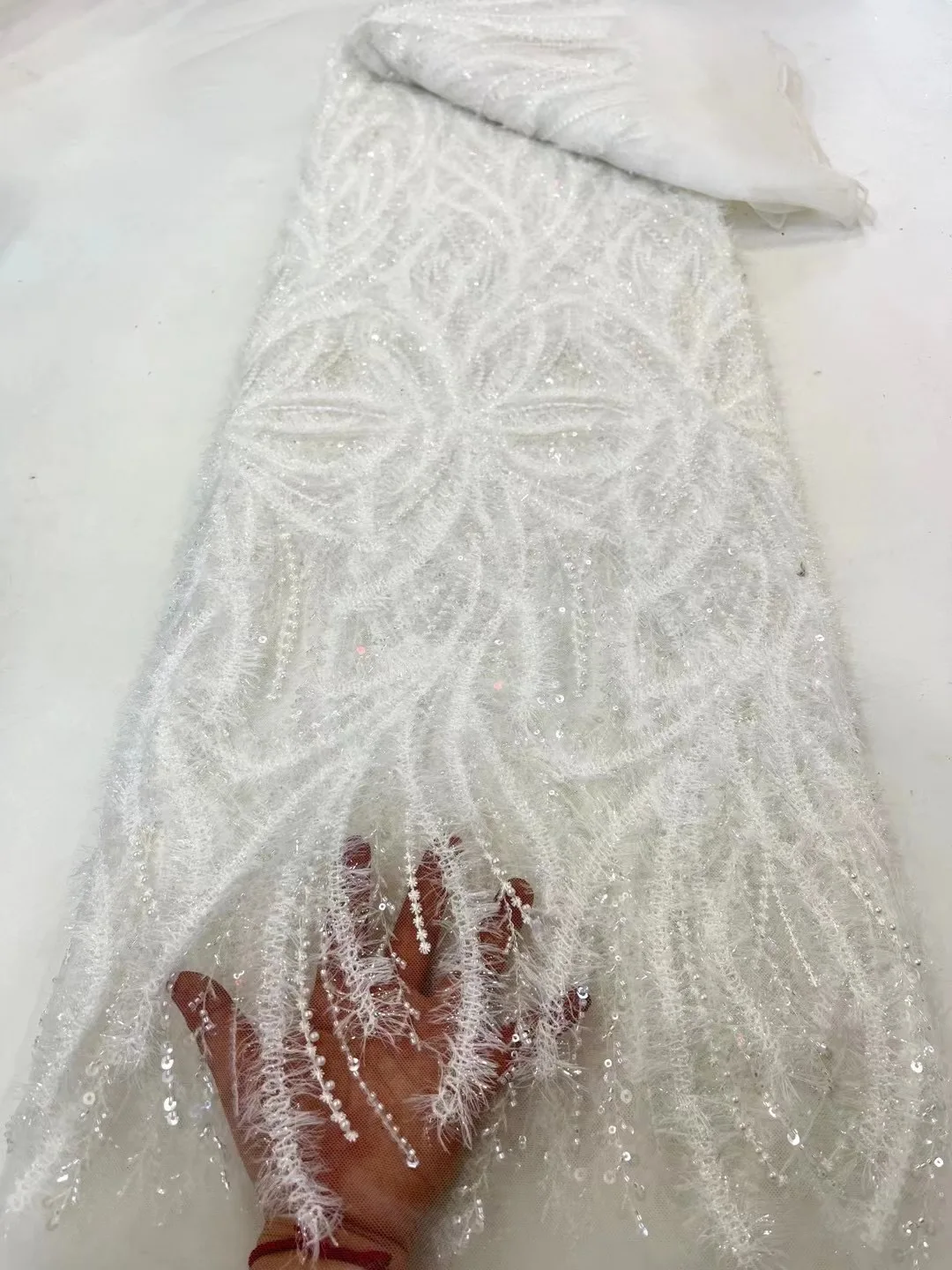 

Luxury African 3D Lace Fabric 2023 High Quality Handmade Beads Lace Fabric with Sequins Groom Beaded Embroidery for Sew XC5419