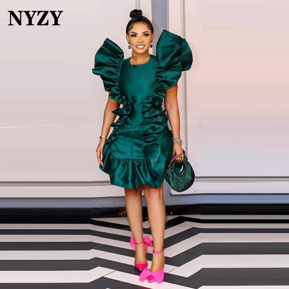 NYZY C386 Dark Green Satin Ruffles Mini Party Cocktail Dresses for Date Birthday Homecoming