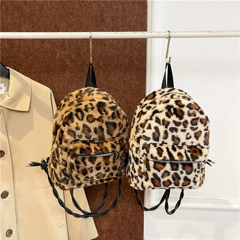 Premium Texture Double Shoulder European and American Style Retro Leopard Print Women's Backpack Winter Casual Plush Backpack 4