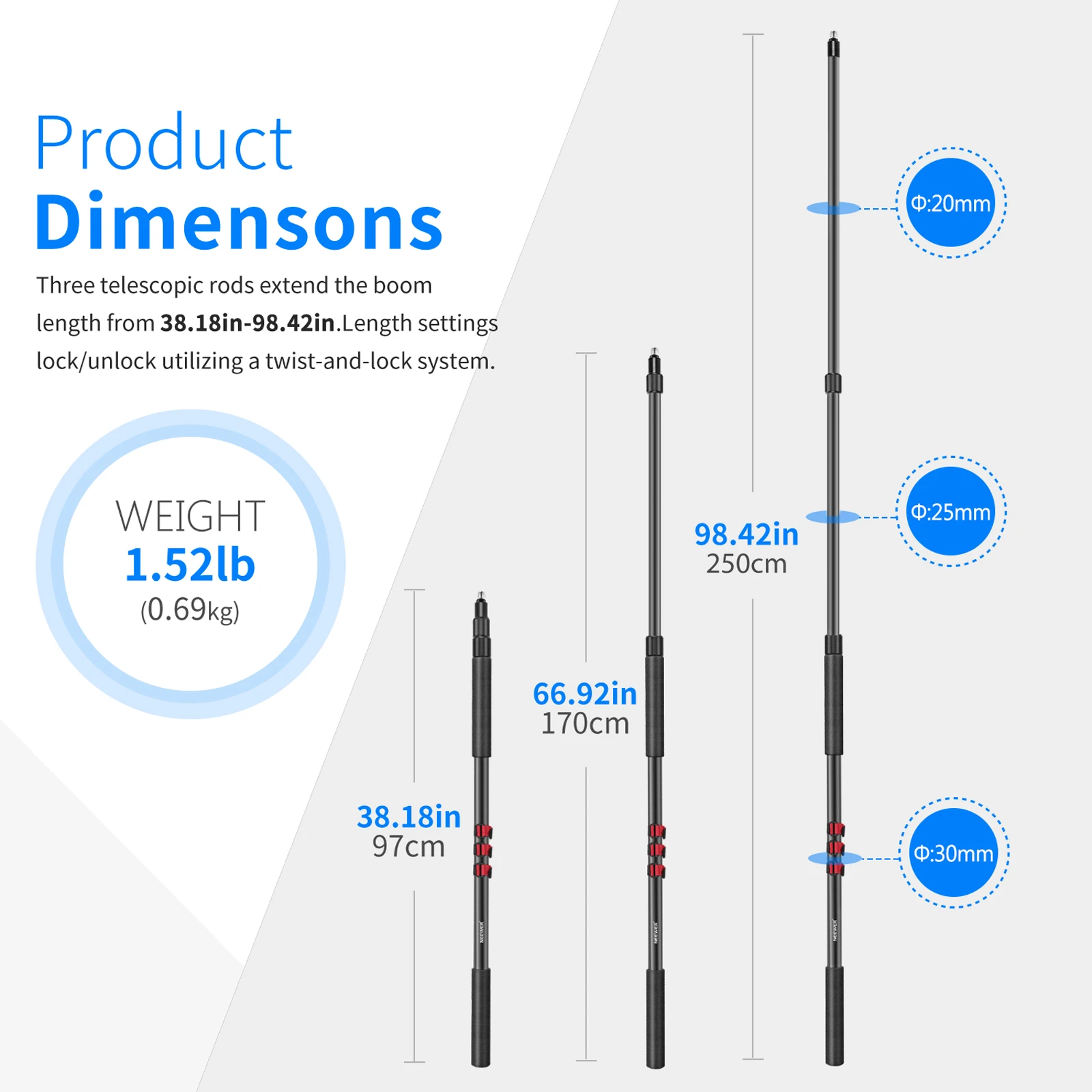 NW-7000 Microphone Boom Arm, 3 Section Extendable Handheld Mic Arm with 3/8" & 3