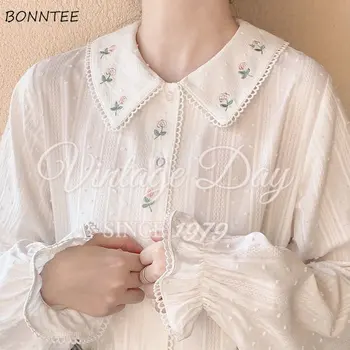 여성용 피터팬 칼라 셔츠, 긴팔 화이트 소녀, 빈티지 꽃무늬 봄 상의, 귀여운 기본 인스 시크, 신상