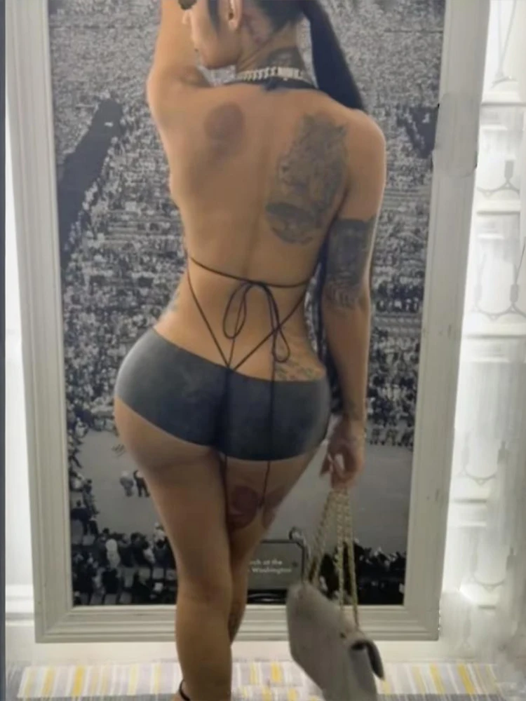 Nibber Backless Playsuit Woman Faux Leather Halter Deep V-Neck Side Hollow Design Lace-Up Hottie Wild StyleSexy Fashion  Rompers