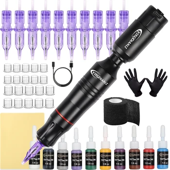 Kit per Tatuaggi Wireless con Alimentatore per Principianti, Set di Penne per Tatuaggi con Inchiostro e Aghi, Adatto anche per Esperti