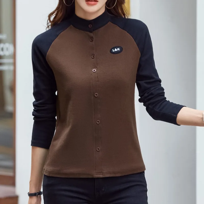 Autumn and Winter Women's Pullover Stand Neck Button Contrast Panel Long Sleeve Cardigan Hoodies Coat Fashion Casual Tops