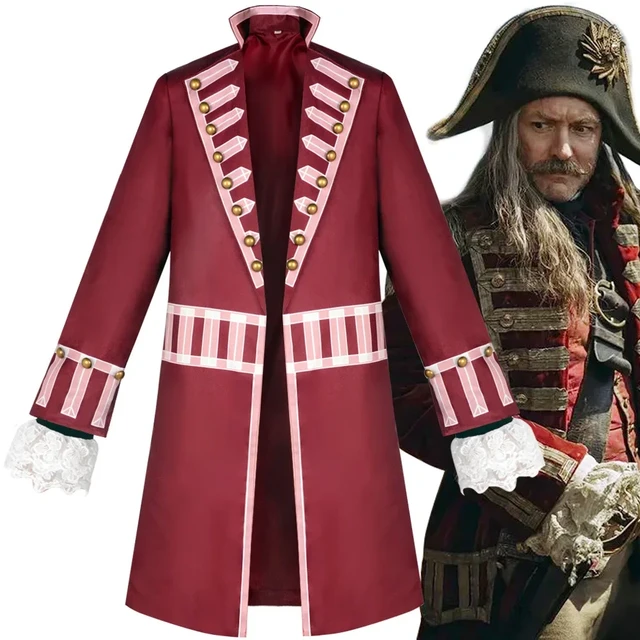 Medieval Pirate Captain Hook Clock Cosplay Costume Men Long Red