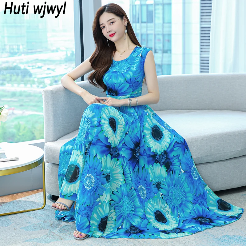 

2024 Floral Chiffon Vacation Boho Beach Maxi Sundress Women Sexy Sleeveless Tank Dress Summer Elegant Bodycon Midi Party Vestido