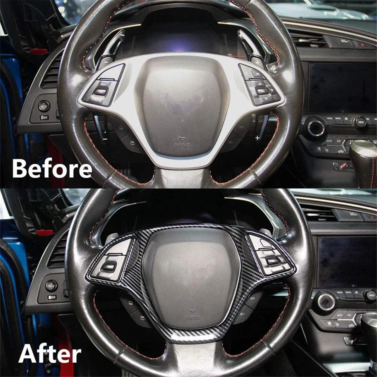 ABS Carbon Fiber Car Steering Wheel Panel Decoration Cover Trim Moulding Sticker for Chevrolet Corvette C7 2014-