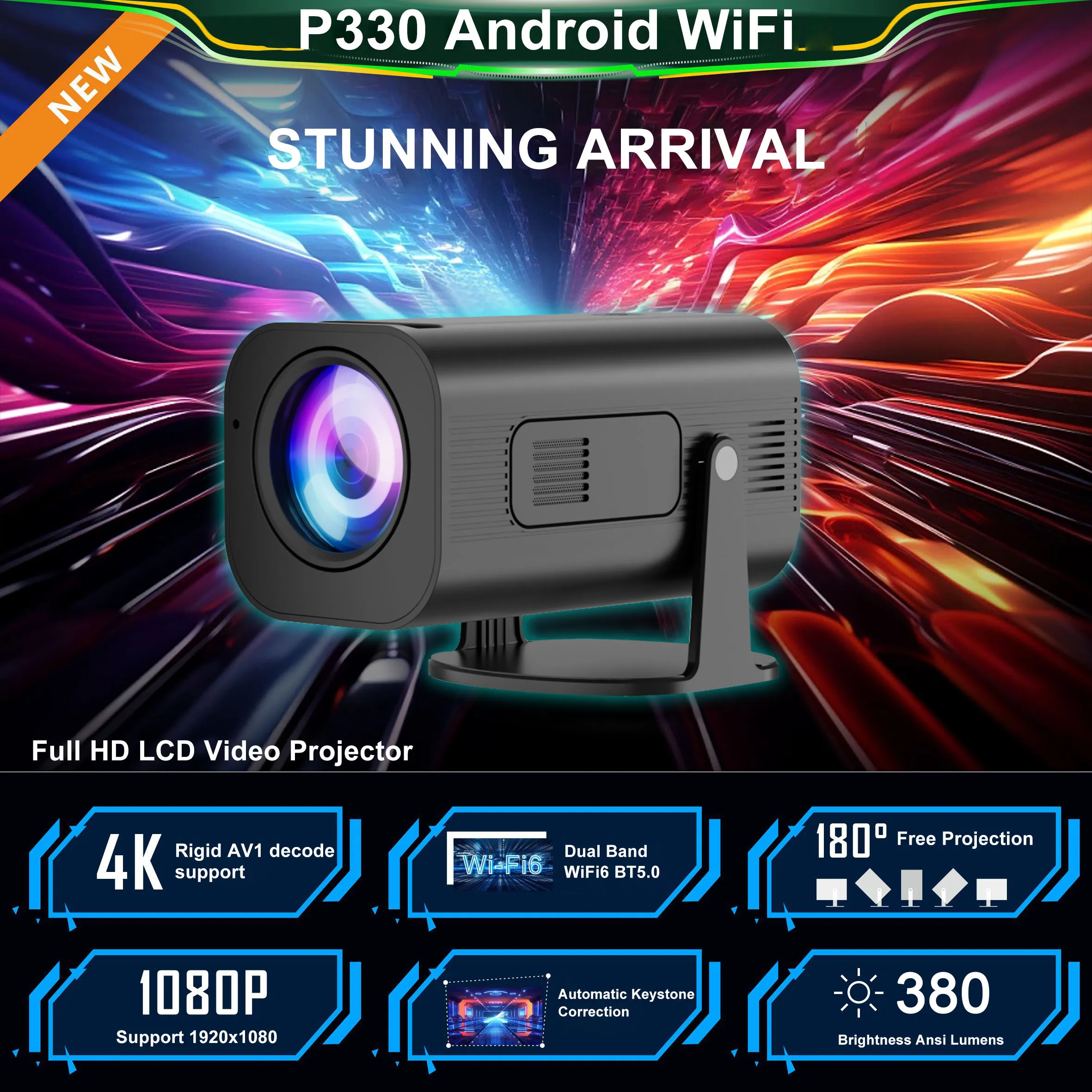 SALANGE P330 안드로이드 11 380 ANSI 프로젝터, 4K 8K 네이티브 1080P 와이파이 6 BT5.0 시네마, 야외 휴대용 미니 프로젝터, HY300 업그레이드