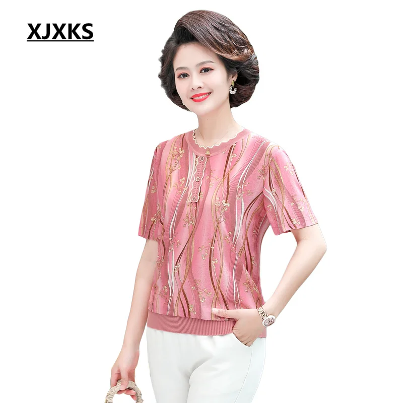 

XJXKS 2022 Summer Latest Loose Large Size Ice Silk Women's T-shirt High-quality Casual Round Neck Short-sleeved Top Camisetas