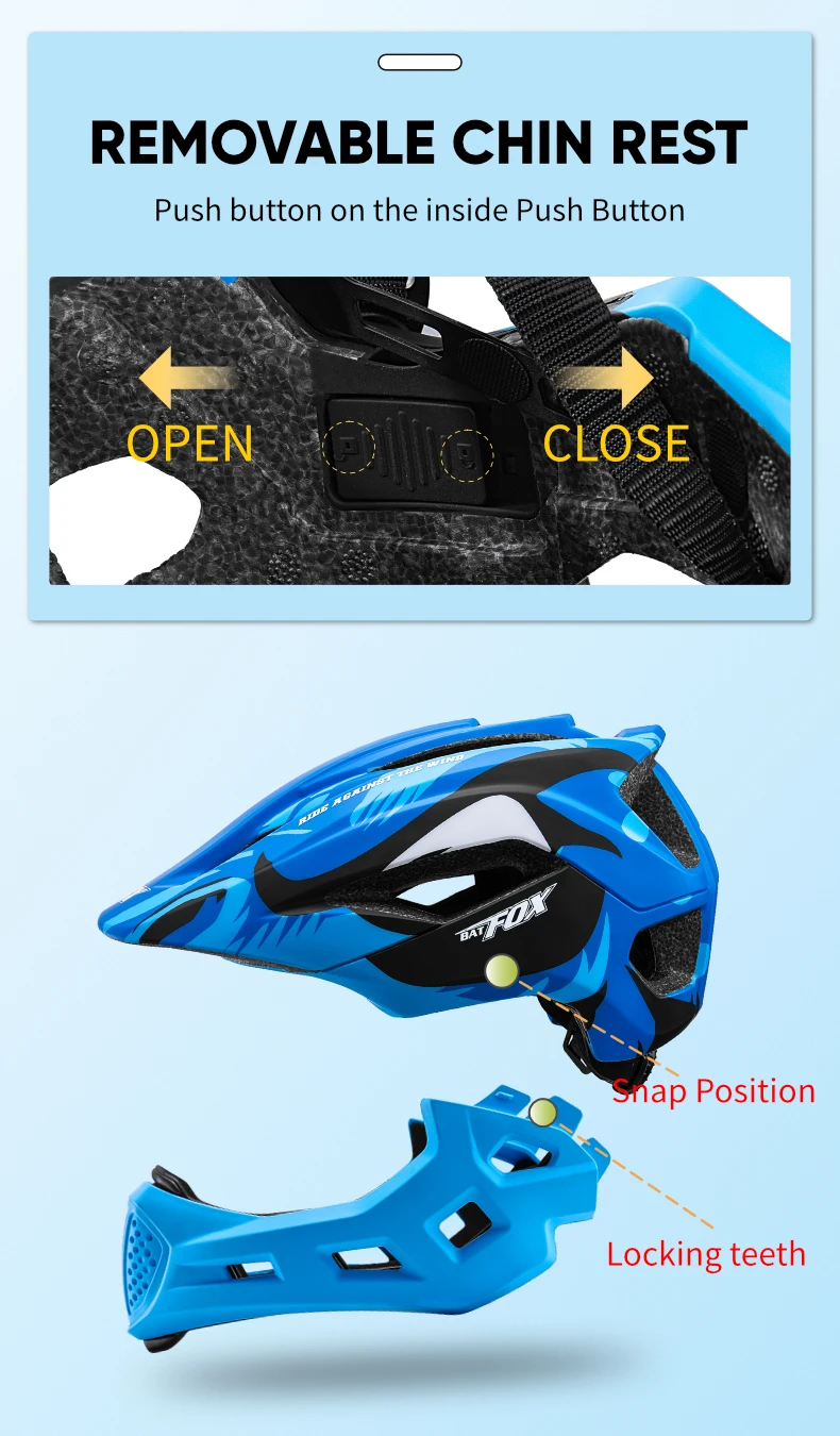 BATFOX Kinder Integral-Fahrradhelm Abnehmbares Kinn Laufrad Skateboard Rollschuhlaufen Sicherheitskappe Kinderfahrrad Fahrradausrüstung – Detail 18
