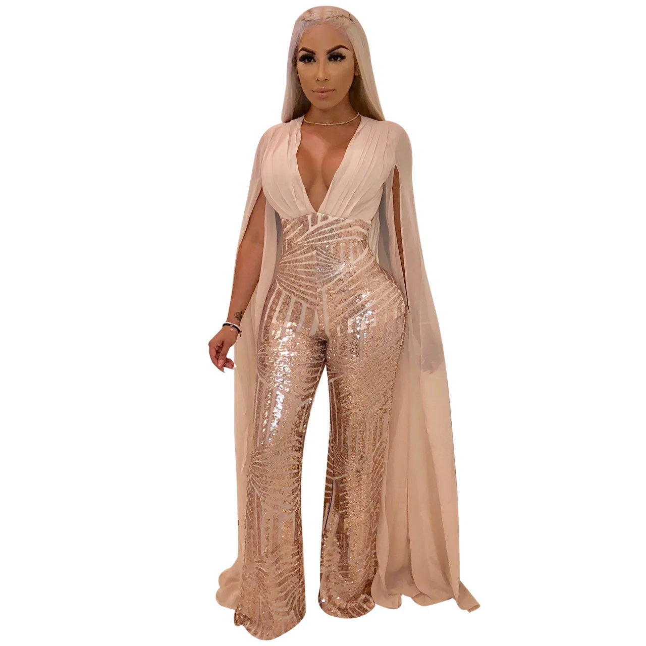 Women Hot Drilling Sequined Gold Cloak Night Party Bodycon Long Sleeve Open Back Luxurious V-neck Jumpsuits Sexy Club Rompers