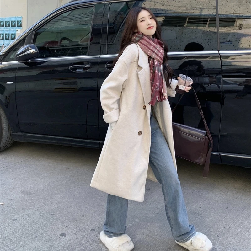 Thickened Blends Coats Women Mid-length Solid Color Long Sleeve Double Breasted Office Lady Versatile Daily Outerwear Female
