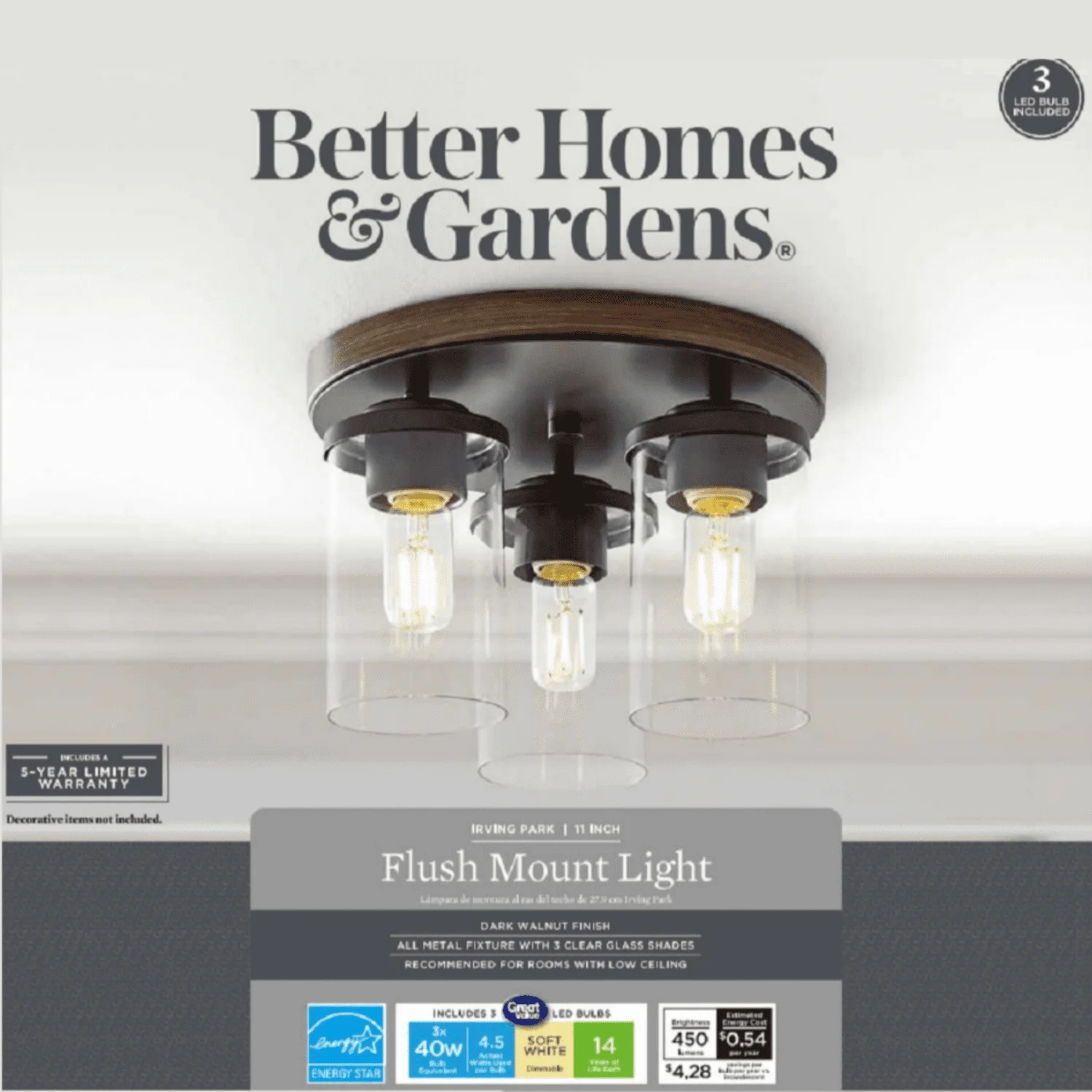 

Better Homes &Gardens Industrial 3-Light Cluster Ceiling Light, Flush Mount, Walnut Finish, T12 Bulb