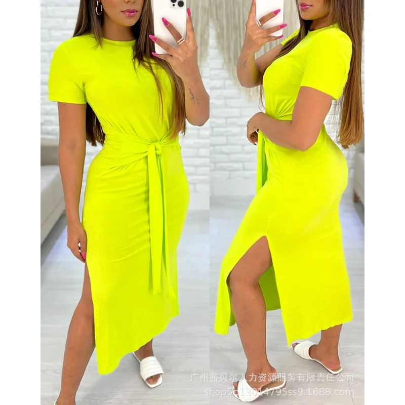 

Wepbel Short Sleeve Bodycon Dress Women Solid Color Waist Strap Side Slit Midi Dress Sheath Knotted Side Slit Casual Dress