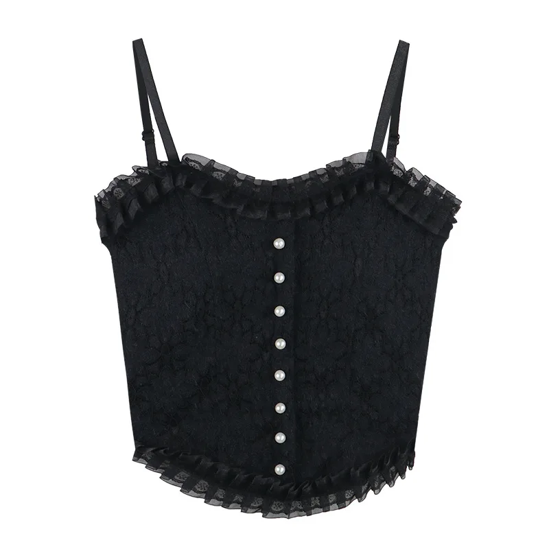 Wholesale Lace Pattern Small Camisole with Breast Pads, Pleated Pearls, Sexy Outer Wear, Bottoming Chest-wrapped Top 민소매 티 여성