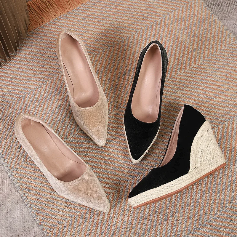 

Women Casual Female Sneakers Elegant Clogs Platform Shallow Mouth Pointed Toe Flat Shoes Creepers Dress High Flock PU Wedges Lei