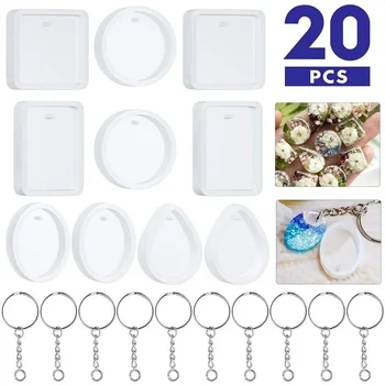20Pcs/Set DIY Keychain Pendant Casting Silicone Mould Kit with Keyrings Art Crafts Making Tools Crystal Epoxy Resin Mold