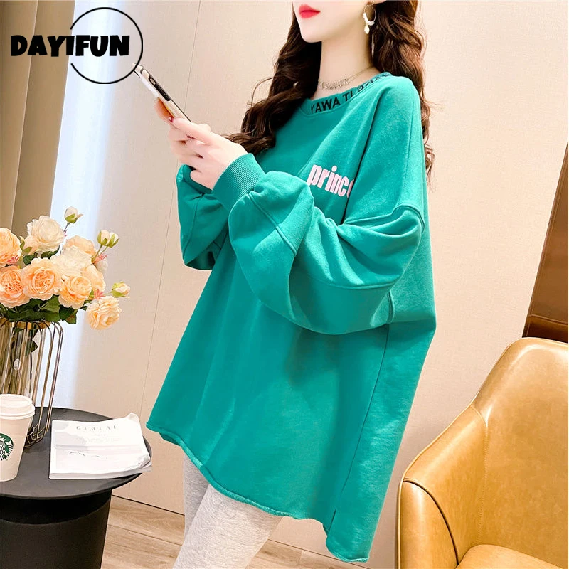 DAYIFUN-Embroidered Letter Sweatshirt Mid-length Long-Sleeve Pullovers Hoodies Monochromatic O-neck Tops Oversized Spring Autumn