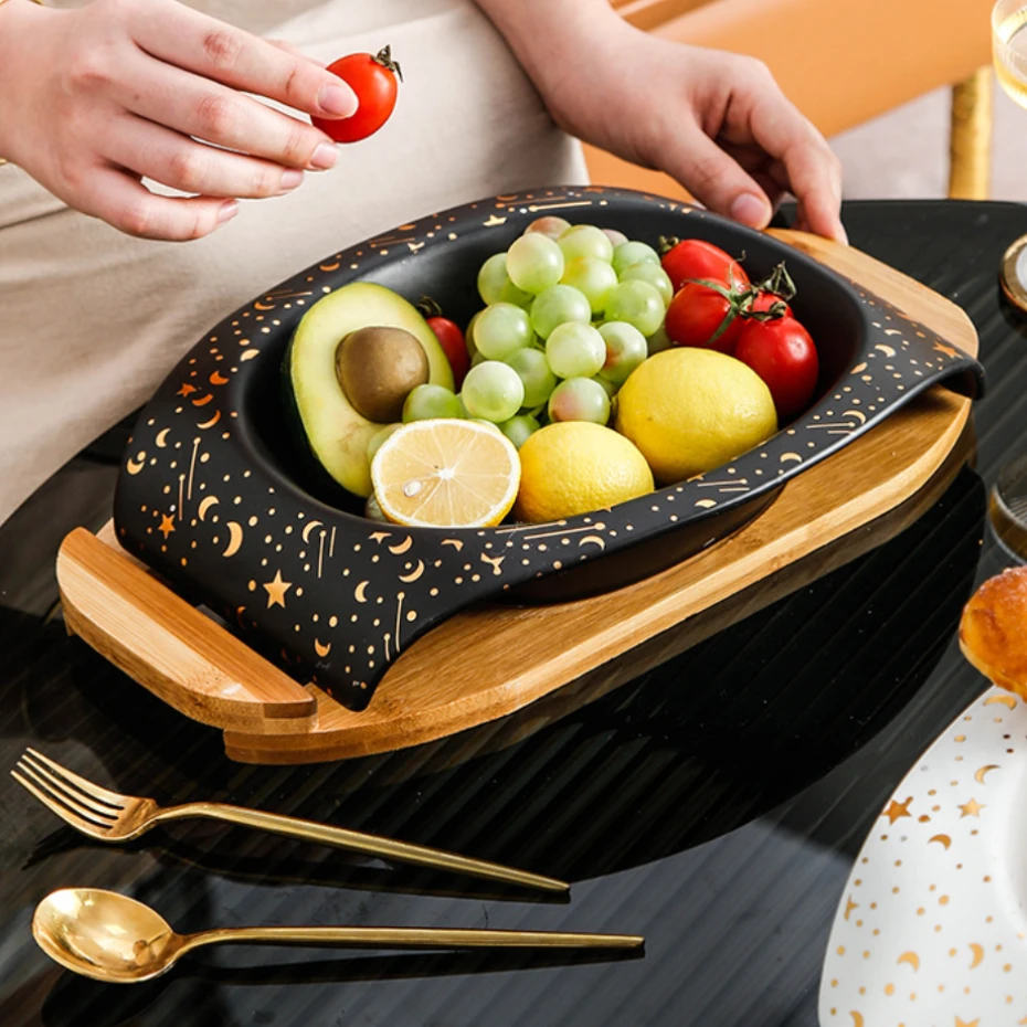 

Light luxury salad bowl creative design household decoration fruit basin bread bowl wooden holder double EAR ceramic soup bowl