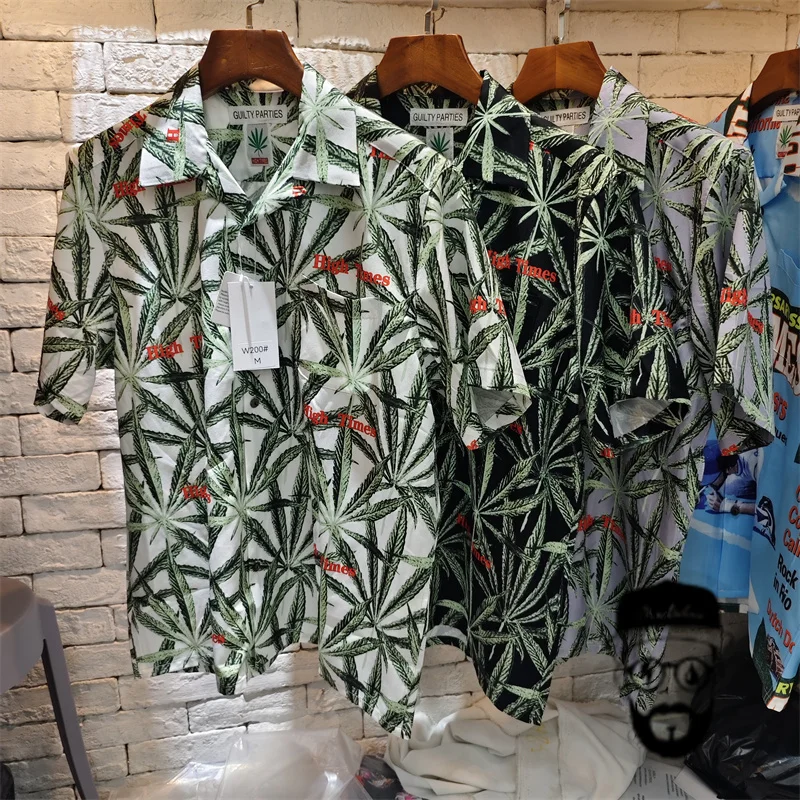 

Free shipping WACKO MARIA short sleeved shirt maple leaf full print loose casual men's and women's Hawaiian shirt