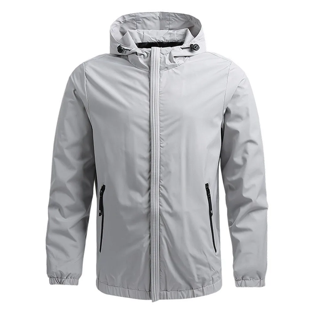 

Men's Gray Autumn Thin Casual Jacket Baseball Uniform Hooded Windproof Jacket Solid Color Outer Wear Workwear
