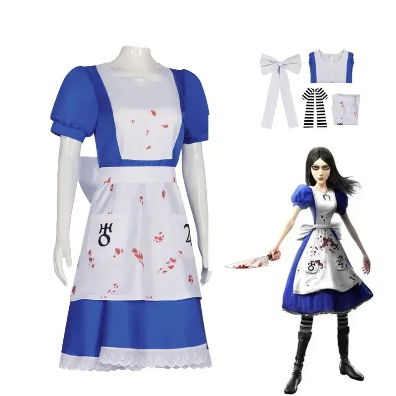 

Game Alice Madness Returns Cosplay Costume Blue Princess Dress Maid Dress Made With Socks Halloween Maid Dress Apron For Women